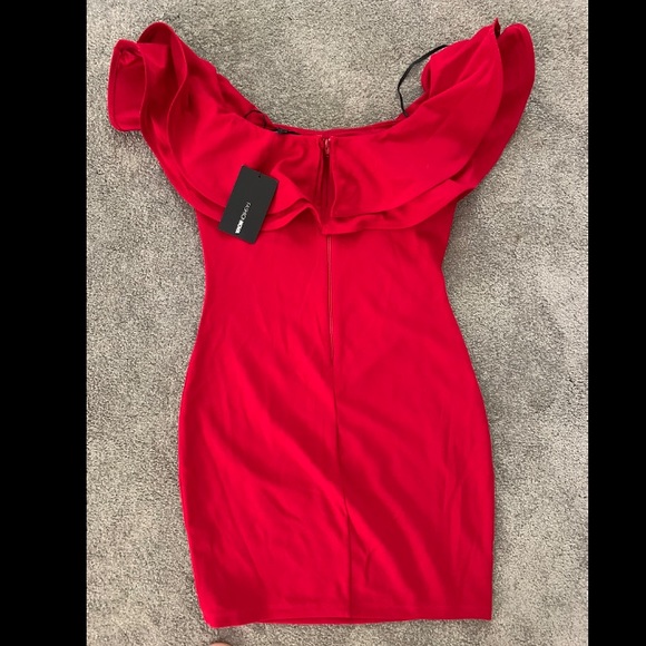 Off Shoulder Ruffle Mini Dress- Red - Picture 3 of 5